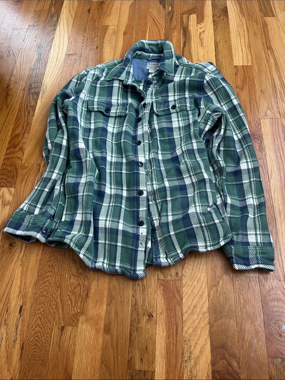 L.L. Bean Green and Navy Plaid Button-Down Shirt